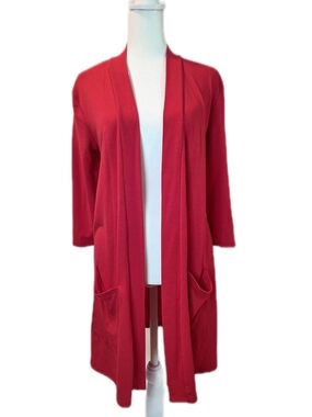 Zenana Outfitters Red Open-Front Long Cardigan with Pockets Small